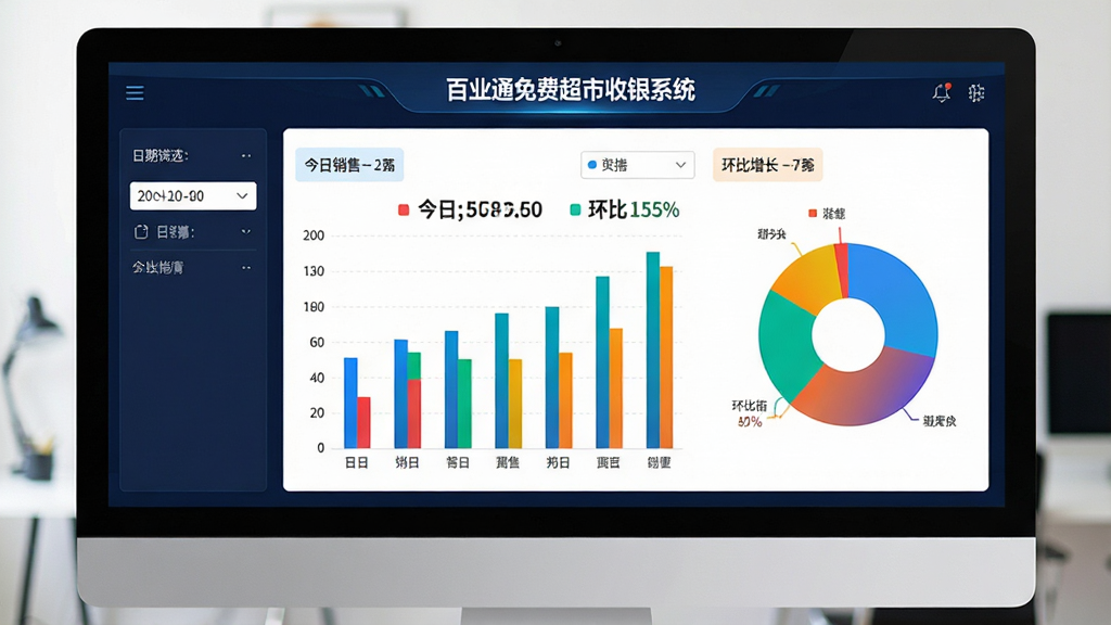 主体:电脑屏幕上展示“百业通免费超市收银系统”的销售报表图表,包括柱状图和饼图;布局:图表占据画面主体,左侧有日期筛选器;排版:数据可视化布局;风格:现代数据大屏风格;细节:图表颜色鲜艳,显示“今日销售额”“环比增长”字样;画质:高分辨率,清晰锐利,无多余元素