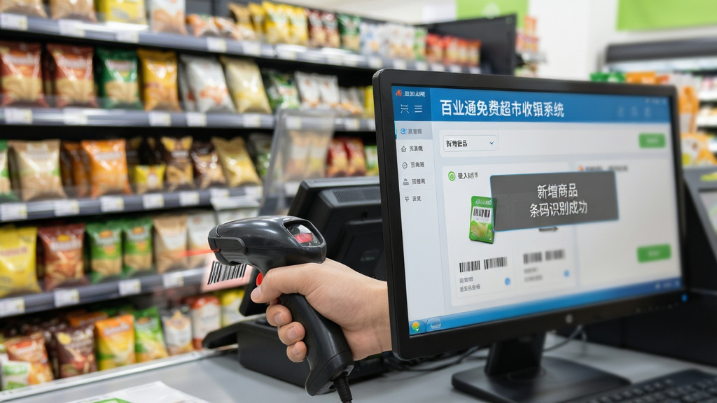 主体:超市货架前,店主手持扫码枪扫描商品条码,电脑屏幕上显示“百业通免费超市收银系统”的商品入库界面;布局:前景为扫码动作,背景为电脑屏幕特写;排版:左右结构,左实右虚;风格:写实摄影风格;细节:屏幕上有“新增商品”“条码识别成功”提示,货架商品陈列整齐;画质:清晰自然,光线明亮,无多余元素