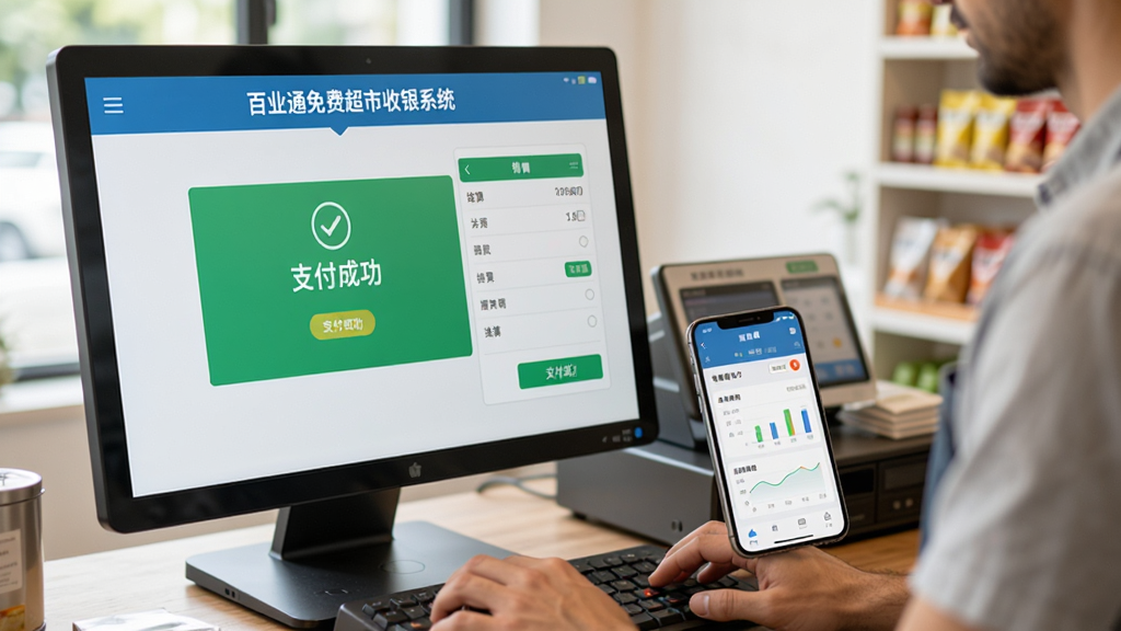 主体:一位店主正在使用电脑进行收银操作,屏幕显示“百业通免费超市收银系统”的结算界面,同时手机放在旁边显示同步数据;布局:电脑屏幕位于左侧,手机位于右侧;排版:左右呼应;风格:生活化场景;细节:屏幕上有“支付成功”字样,手机屏幕有销售统计;画质:真实自然,光线柔和,无多余元素