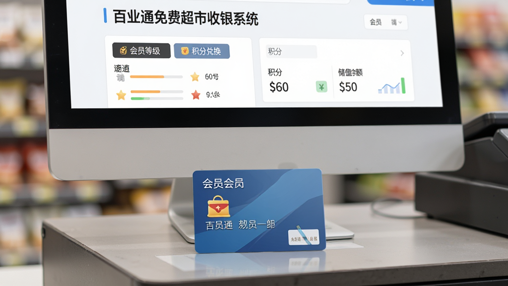 主体:一张会员卡放在收银台上,旁边电脑屏幕显示“百业通免费超市收银系统”的会员管理界面,包含积分和储值余额;布局:卡片位于画面中央偏下,屏幕位于上方;排版:上下构图;风格:简洁商务风;细节:屏幕上有“会员等级”“积分兑换”标签,背景虚化处理;画质:高清细腻,柔和光线,干净无杂物