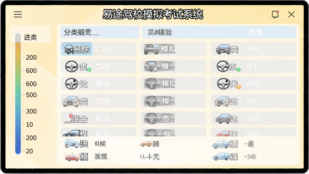 画面主体为“易途驾校摸拟考试系统”题库列表界面,屏幕展示分类明细,左侧有进度条,背景为淡黄色,风格简约清爽,布局规整,细节丰富,画质高清干净