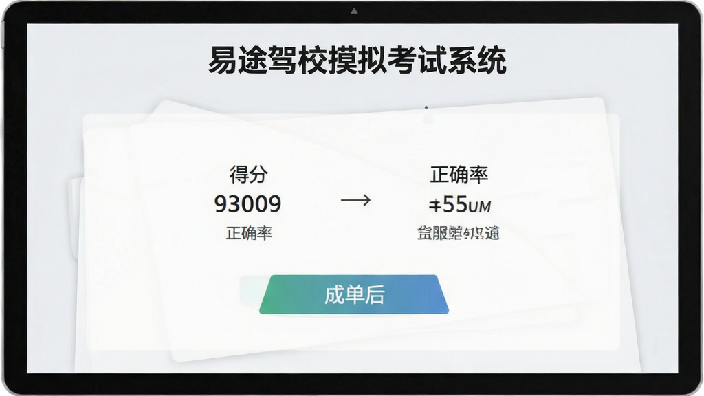 画面主体为“易途驾校摸拟考试系统”模拟考试交卷后的成绩单界面,显示得分与正确率,背景为浅灰色,风格商务简约,布局清晰,细节锐利,画质高清无杂质