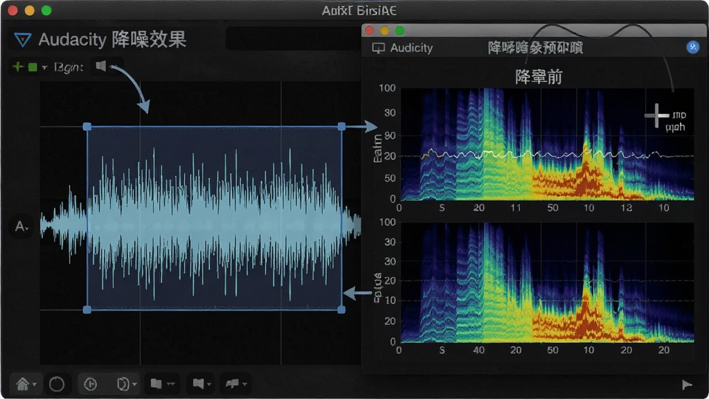 Audacity降噪效果操作示意,主体为音频波形中一段被选中的噪音区域,布局展示降噪效果预览窗口,风格直观易懂,细节显示降噪前后的频谱对比,画质干净专业