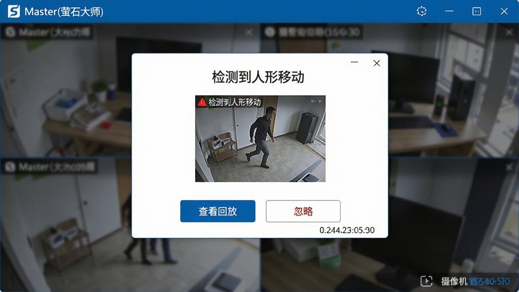 主体:S Master(萤石大师)软件界面弹出智能告警通知弹窗;布局:背景是监控画面,中央浮出白色弹窗,显示“检测到人形移动”文字和抓拍图片;排版:弹窗上有“查看回放”和“忽略”按钮;风格:简洁商务风,蓝白配色,警示元素用红色点缀;细节:弹窗右下角显示时间戳和摄像机名称;画质:高清晰度,干净,无多余元素