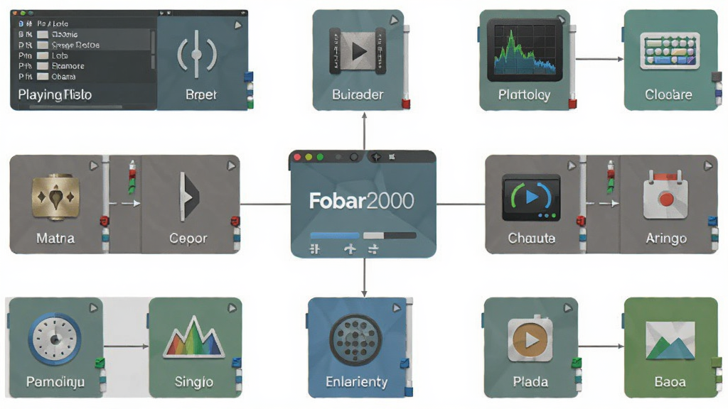 一幅展示Foobar2000组件生态的示意图,主体为多个插件模块围绕主程序排列,布局清晰,风格扁平化,突出可扩展性与丰富功能,细节包含播放列表、解码器、可视化效果等图标,画质干净,无多余元素