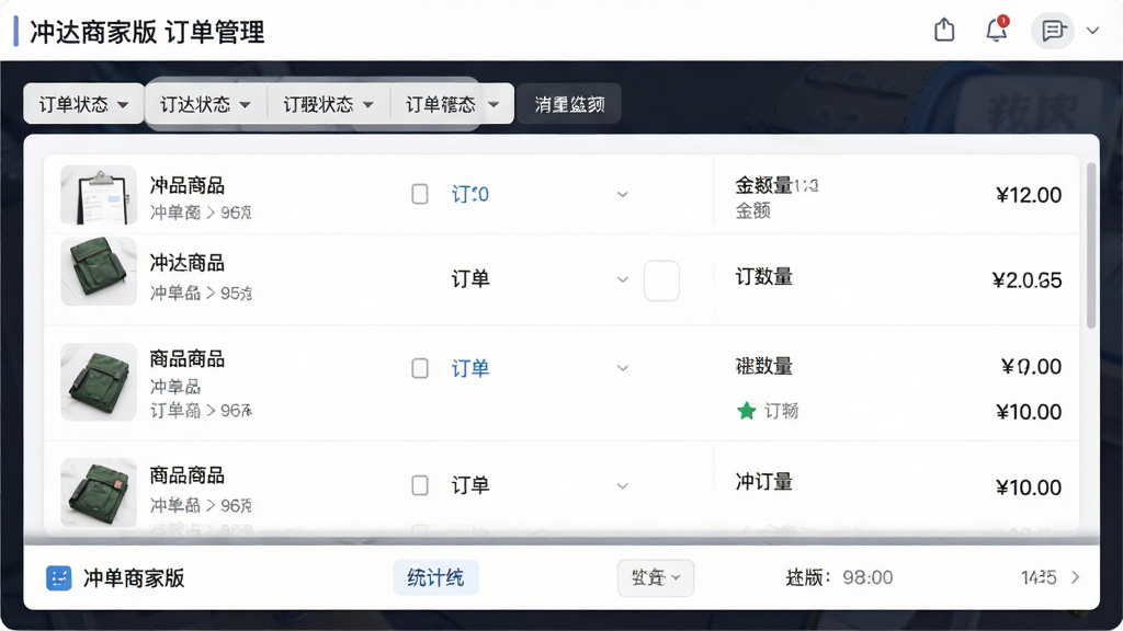 主体:冲达商家版订单管理界面,布局:顶部为订单状态筛选标签,中间为订单列表,底部为统计栏,排版:列表条目清晰,每个订单显示商品缩略图、数量、金额,风格:简洁商务风,细节:界面标注