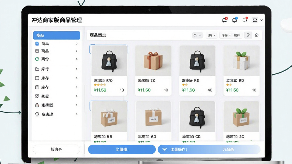 主体:冲达商家版商品管理页面,布局:左侧为商品分类栏,右侧为商品列表,底部为批量操作按钮,排版:商品卡片式排列,包含图片、价格、库存数字,风格:清新浅色背景,细节:界面标注