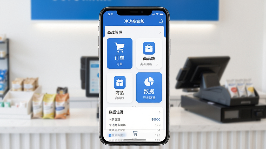 主体:冲达商家版APP界面在手机屏幕上展示,背景为现代简约的商铺收银台场景,布局:手机居中,屏幕显示商家管理后台的订单、商品、数据三大模块图标,排版:图标排列整齐,色彩以蓝色和白色为主,风格:扁平化设计,细节:界面清晰标注