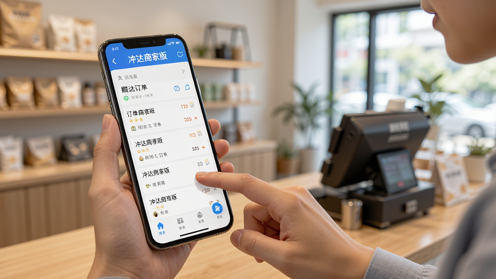 主体:商家手持手机使用冲达商家版,背景为店铺内景,布局:手机屏幕显示订单列表,商家手指点击操作,排版:场景和谐,风格:写实摄影风,细节:屏幕可见