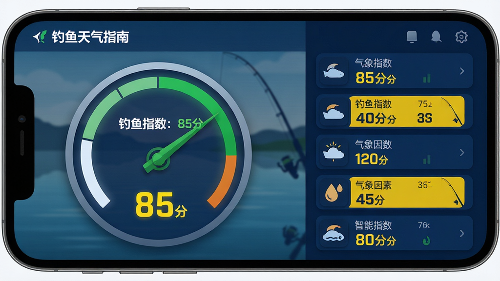 主体:钓鱼天气指南app的智能指数功能界面特写,屏幕上有一个大圆形仪表盘显示“钓鱼指数:85分”。布局:手机横屏展示,左侧为指数仪表盘,右侧为各项气象因子的小图标和实时数据列表。排版:界面UI采用深蓝科技风,数据用白色和亮黄色高亮显示。风格:现代扁平化设计,带有微拟态阴影。细节:仪表盘指针指向绿色区域,背景有模糊的湖泊和钓竿剪影。画质:高清渲染,干净,无多余元素。