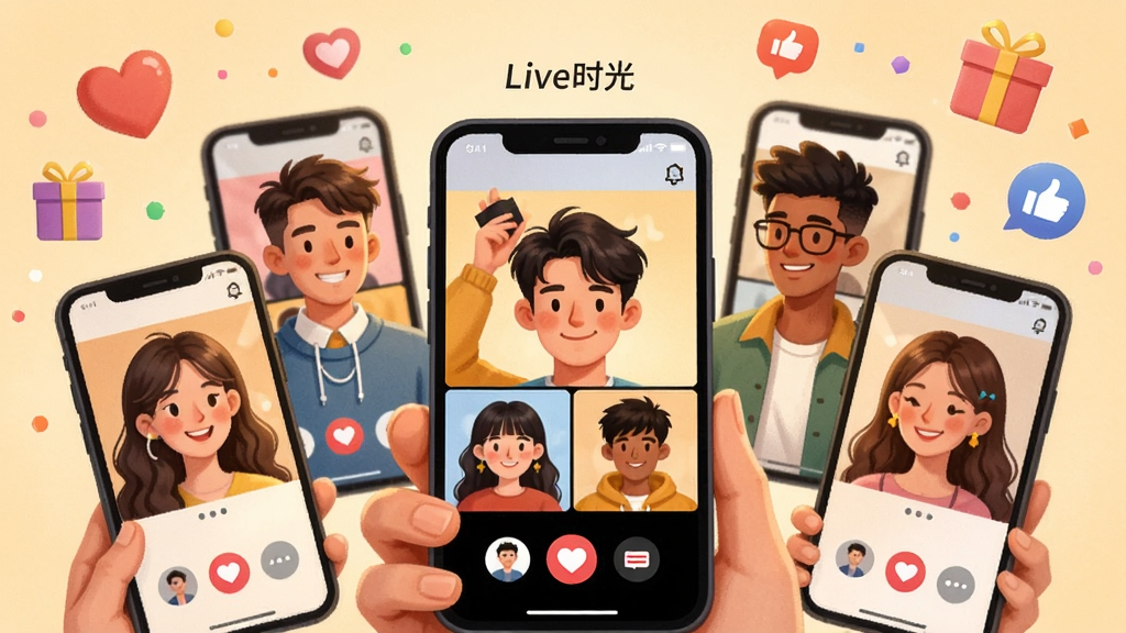 一幅以“Live时光”APP为背景的社交互动场景插画,画面中央是一群风格各异的年轻人正在通过手机屏幕进行视频群聊,每个人的头像框都显示在屏幕上的独立小窗中,背景有爱心、礼物、点赞等图标元素漂浮,整体色调温馨活泼,布局错落有致,风格卡通写实结合,画质清晰,细节丰富,无多余元素。