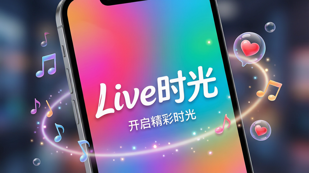 一张现代感十足的智能手机屏幕特写,屏幕中央清晰显示“Live时光”APP的启动界面,界面以炫彩渐变底色为主,中央是醒目的白色艺术字“Live时光”,下方有“开启精彩时光”的标语,手机周围环绕着微光特效和漂浮的音符与爱心气泡,背景虚化处理突出主体,整体布局干净,画质高清,风格时尚动感,细节丰富,无多余元素。