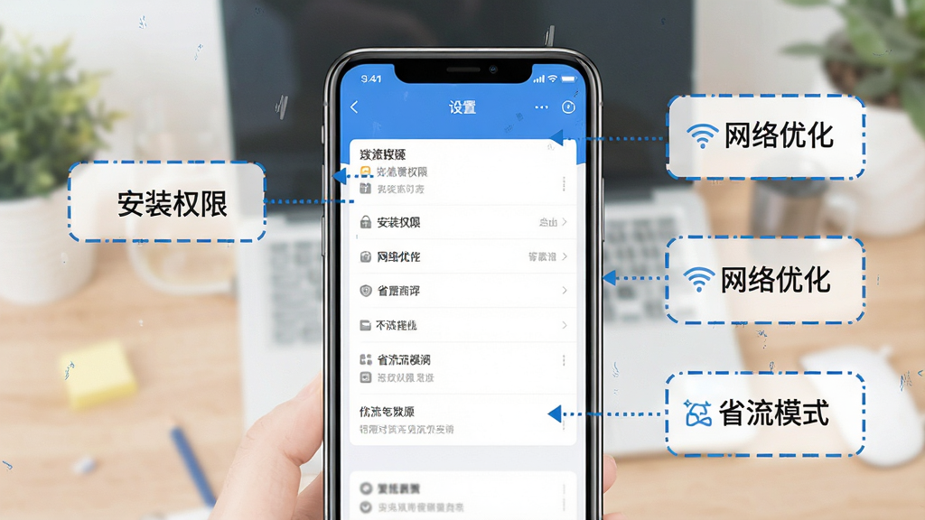 一幅以“Live时光”APP使用场景为背景的实用教程风格插图,画面中央是一台手机,屏幕显示APP的“设置”页面,旁边用虚线框和文字标注出“安装权限”、“网络优化”、“省流模式”等关键功能点,整体风格简洁明了,配色以蓝色和白色为主,画质清晰,布局有序,细节丰富,无多余元素。