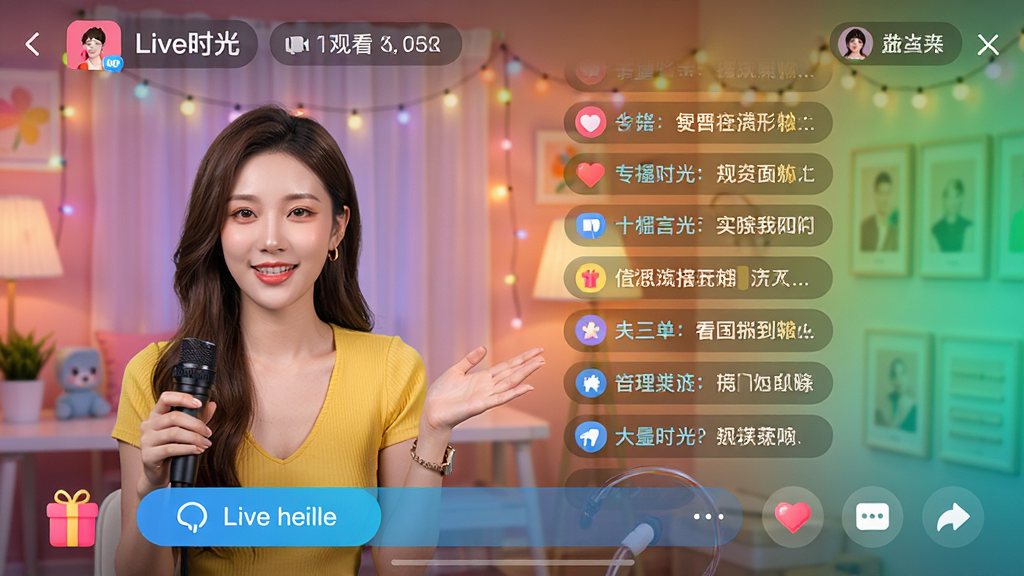 一幅展示“Live时光”APP直播界面的高清渲染图,画面左侧是正在直播的才艺主播,右侧是实时滚动的弹幕评论,顶部有直播标题和观看人数,界面底部有礼物图标和互动按钮,整体UI设计简洁现代,色彩鲜艳明亮,画质细腻,布局合理,风格写实,突出高清流畅的直播氛围,干净无多余元素。