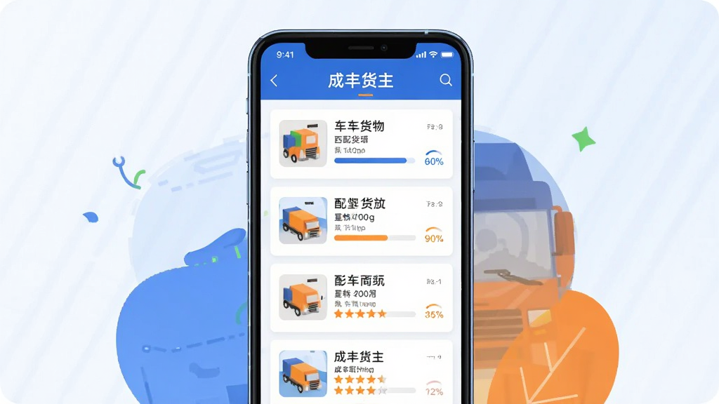 界面截图风格的数字插画,主体是智能手机屏幕,屏幕上显示“成丰货主”APP的车货匹配列表,有货物信息和司机卡片。布局为手机居中,屏幕内容清晰可见,列表项排列整齐。风格扁平化,色彩以蓝色和橙色为主,突出科技感与高效感。细节包括匹配成功率的进度条和司机评分星级。画质清晰,干净,无多余元素。屏幕顶部有“成丰货主”字样