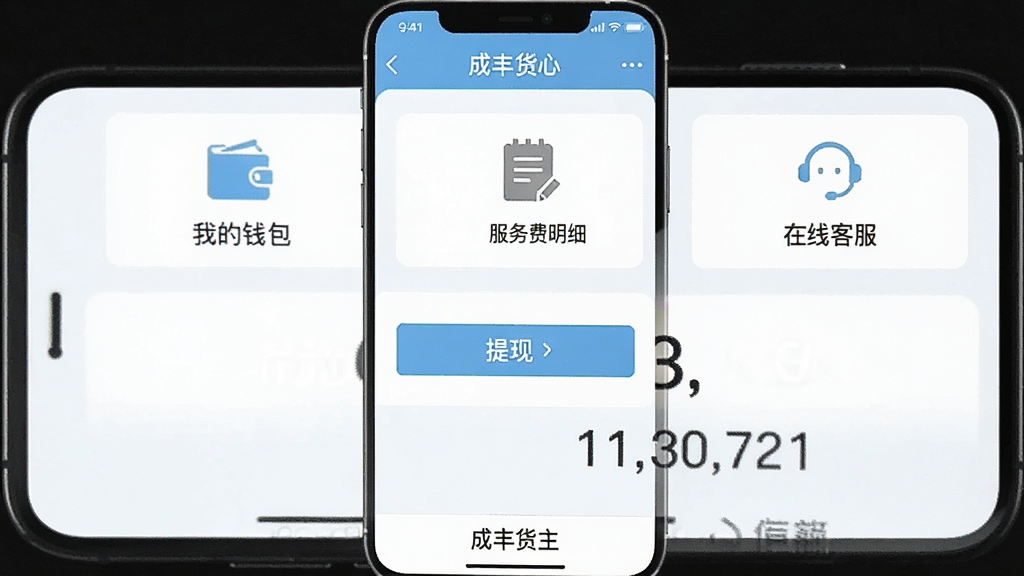 一张手机截图风格的图片,主体是“成丰货主”APP的个人中心页面,显示“我的钱包”、“服务费明细”、“在线客服”等功能入口。布局为手机全屏界面,功能图标排列整齐。风格简洁清晰,以浅蓝色和白色为主色调。细节包括提现按钮和余额数字。画质干净,无多余元素。页面底部有“成丰货主”字样