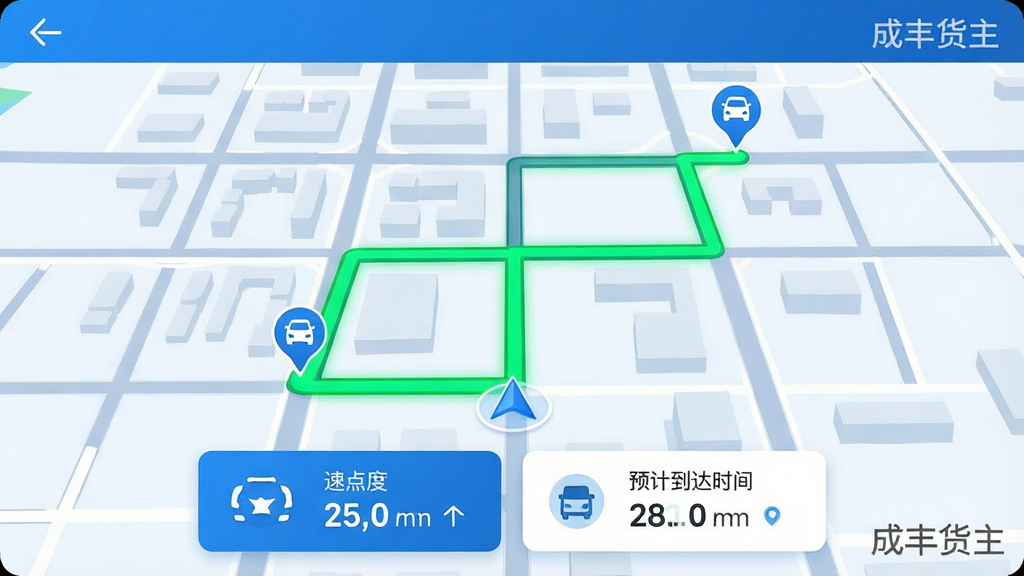 一张地图导航界面的截图插画,主体是带有车辆图标的行驶路线轨迹,背景是简化的城市道路网格。布局以地图为中心,下方有速度与预计到达时间的信息卡片。风格简洁现代,科技蓝与白色搭配,路径线条用亮绿色高亮显示。细节包括起点与终点标记。画质高清,干净,无多余元素。地图角落有“成丰货主”水印