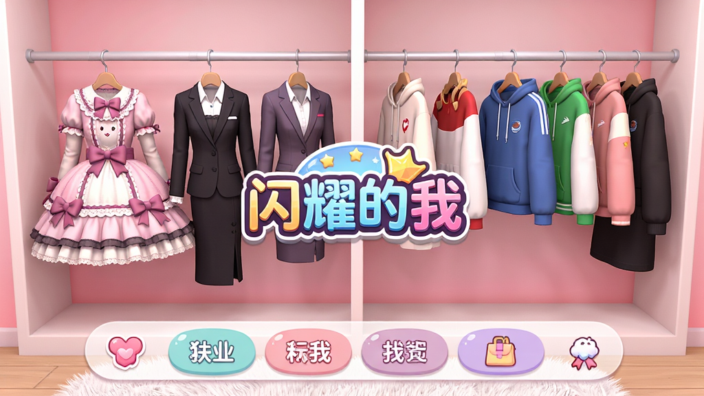 ����չʾһ�������³����棬�¼��Ϲ�����ʽ���ķ�װ������������ȹ��ְҵ��װ���˶����µȣ��·��Ƿ��������ı�ǩ������������͵ķ�ɫ����ǽ�ڣ��������а�ɫ��ë��̺����������������µ�UI��Ʒ��ͼ��Բ��ɰ���ϸ�ڷḻ�����ʸ��壬�ɾ����࣬����������ʾ����ҫ���ҡ���Ϸlogo��
