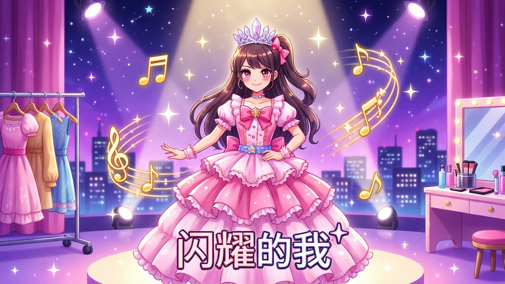 ����������һλ���Ż�����ɫ����ȹ��ͷ��ˮ���ʹڵ���Ůż����վ�ھ۹���µ�Բ����̨�ϣ���ΧƯ������˸���ǹ����ɫ������������ö���Ԫ�������ɫ���������ͣ�������������������������λõ���ɫ�ǿ����貵ĳ���ҹ�������岼��������Ϊ���ģ���������Գ��������¼��뻯ױ̨���ߣ�ϸ�ھ��£����ʸ��壬�ɾ��޶���Ԫ�أ��������·����С���ҫ���ҡ������ֱ��⡣