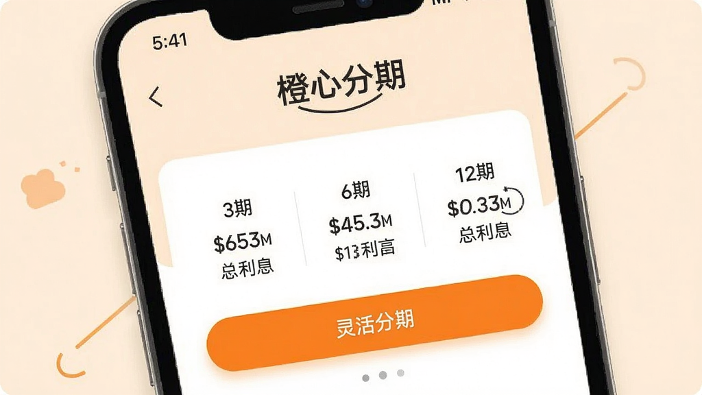一张展示橙心袋灵活分期功能的界面截图示意,画面中手机屏幕显示分期期数选择器,包含3期、6期、12期选项,并显示每期还款金额与总利息,背景为柔和米色,搭配橙色高亮按钮,突出“灵活分期”主题,整体风格清新简洁,画质干净,无多余元素