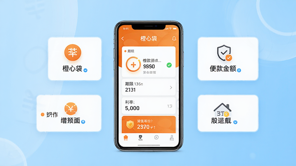 一张展示橙心袋App核心功能的宣传图,画面中央是一部智能手机,屏幕中显示“橙心袋”应用界面,界面包含借款金额、期限、利率等关键信息,背景为浅蓝色渐变,搭配简洁的白色卡片与圆形图标,整体风格干净明亮,突出便捷、安全、快速的品牌调性,画质高清,无多余元素
