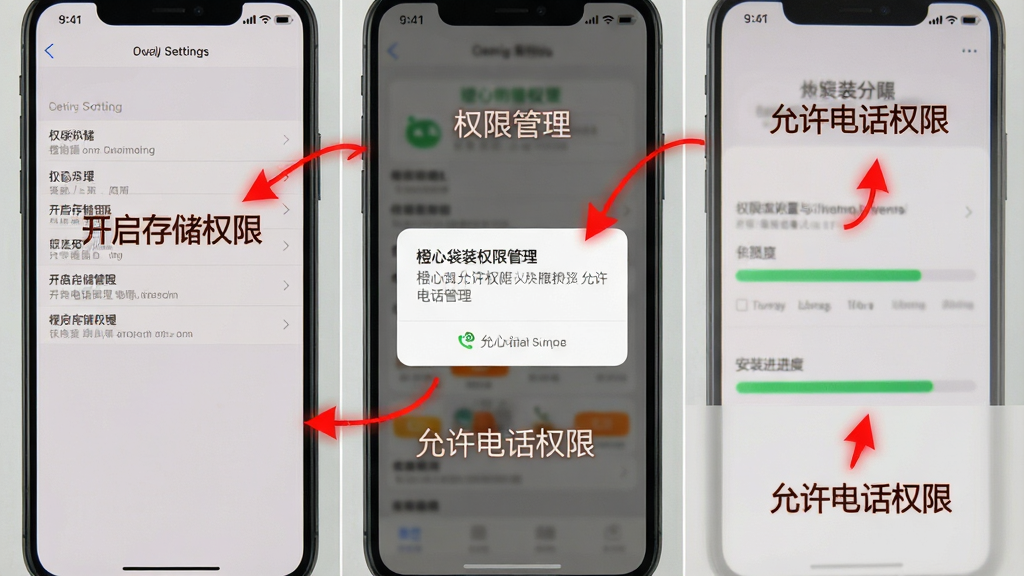 一张展示橙心袋安装与权限设置步骤的截图拼贴,画面包含手机设置界面、权限管理弹窗、安装进度条等元素,每个步骤用红色箭头标注,并配以文字说明“开启存储权限”“允许电话权限”,背景为浅灰纯色,整体风格教学化,画质清晰,无多余元素