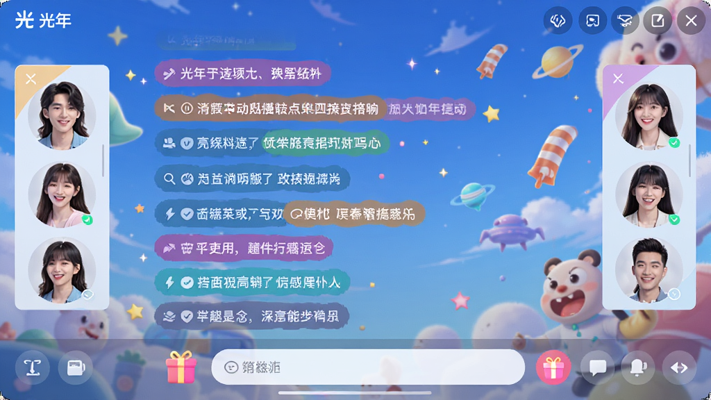 一款名为“光年”的直播软件聊天界面,屏幕上飘过彩色弹幕,底部有礼物图标和输入框,左右两侧有用户头像连麦窗口,整体氛围热闹欢快,界面明亮,画质细腻,干净无多余元素