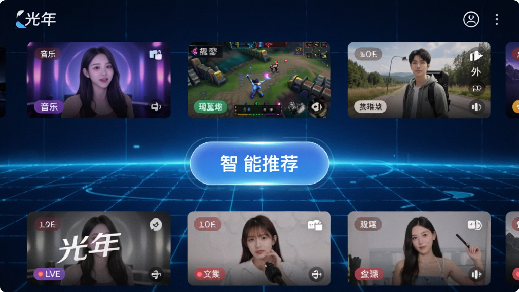一款名为“光年”的直播应用界面,屏幕上展示多个直播封面缩略图,每个封面风格各异,有音乐、游戏、户外等分类标签,界面中央有一个发光的智能推荐按钮,背景为科技感十足的蓝色网格,画质清晰,干净无多余元素