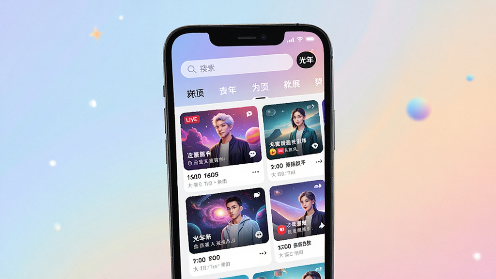 画面中央展示一款名为“光年”的智能手机应用界面,屏幕内呈现出色彩斑斓的直播推荐瀑布流,顶部有搜索栏与分类标签,整体布局清爽现代,背景为柔和的渐变色,光线明亮,细节丰富,画质细腻,干净无多余元素