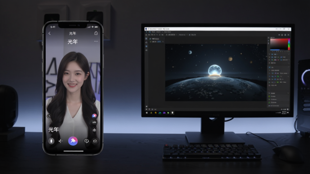 一款名为“光年”的直播应用在手机与电脑模拟器上运行对比图,左侧手机屏幕显示直播界面,右侧电脑屏幕显示模拟器界面,背景为深色桌面,光线柔和,画质清晰,干净无多余元素