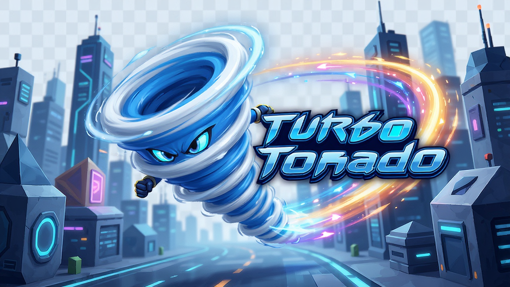 Turbo Tornado 游戏主视觉图,一个蓝色与白色相间的旋风状角色在充满几何体的未来都市中高速旋转冲刺,身后拖着绚丽的光影轨迹,画面中央有游戏标题“Turbo Tornado”字样,整体风格动感炫酷,色彩鲜明,高细节,4K画质,干净背景,无多余元素。