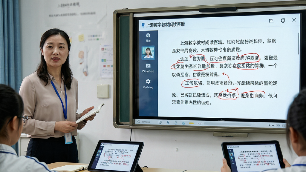 主体:教师正在使用上海数字教材阅读客户端进行课堂互动,大屏幕上展示带有红色批注的语文课文,布局:左侧为教师形象,右侧为屏幕投影,排版:屏幕内容清晰可辨,风格:真实课堂场景,细节:批注笔迹流畅,学生端平板同步显示,画质:高清,干净,无多余元素