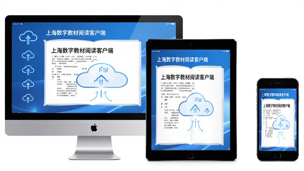主体:三台设备(电脑、平板、手机)并排展示同一本数字教材,布局:设备从左到右依次排列,排版:屏幕内容一致,风格:科技感现代,细节:屏幕上显示“上海数字教材阅读客户端”界面,云端同步图标点缀,画质:高清,干净,无多余元素