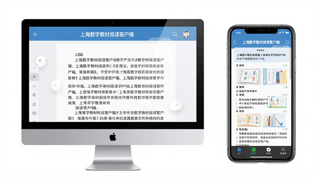 主体:手机和电脑并排显示“上海数字教材阅读客户端”运行界面,布局:右侧为手机屏幕,左侧为电脑屏幕,排版:屏幕内容清晰,风格:简洁明快,细节:手机屏幕上显示教材列表,电脑屏幕显示阅读页面,画质:高清,干净,无多余元素