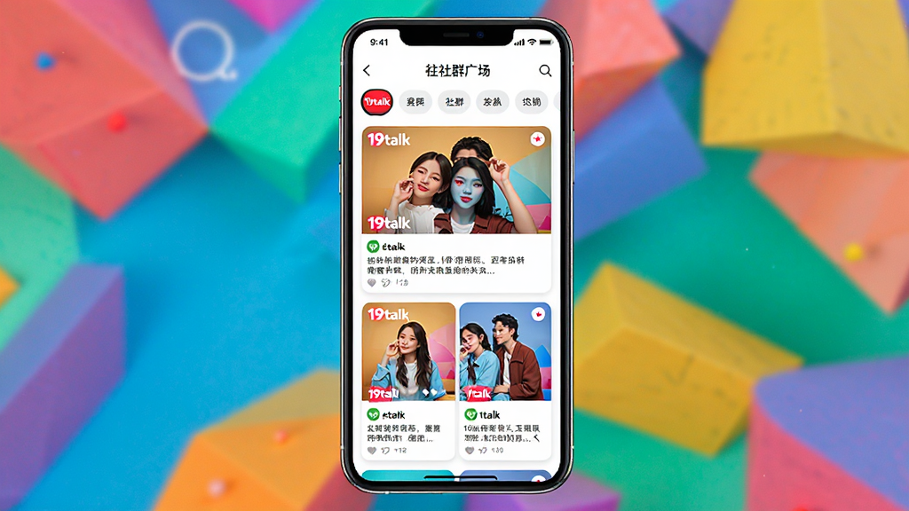 ���壺�ֻ���Ļչʾ19talk����Ⱥ�㳡ҳ�棬�����з����ǩ���·�Ϊ��Ⱥ��Ƭ�б������֣��ֻ����У�����Ϊ��ʼ���ͼ�Ρ��Ű棺��Ƭʽ���֣�����ͼ������������񣺻��ã�������ϸ�ڣ���Ƭ�ϱ��С�19talk��Logo�����ʣ����壬�ɾ����޶���Ԫ�ء�