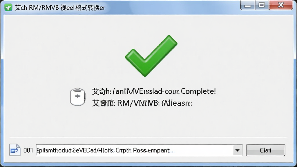 艾奇RM/RMVB视频格式转换器转换完成界面,显示成功提示和文件路径,界面简洁,绿色对勾图标,背景浅灰色,高清画质