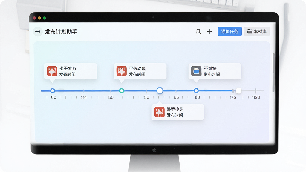 小鹿卧龙助手推广软件内容发布功能预览,主体:电脑屏幕显示发布计划时间轴;布局:时间轴横向排列,任务点分布;排版:直观明了,每个任务点显示平台图标和发布时间;风格:现代扁平化,色彩清新;细节:包含“添加任务”“素材库”按钮,时间轴可拖动调整;画质:高清、干净、无多余元素