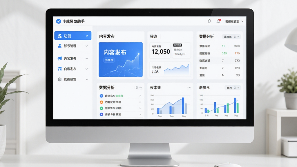 小鹿卧龙助手推广软件主界面预览图,展示软件整体布局。主体:电脑屏幕显示软件主界面;布局:屏幕居中,界面分为左侧功能栏和右侧数据面板;排版:简洁清晰,功能图标排列整齐;风格:现代科技感,蓝色主色调;细节:界面包含“账号管理”“内容发布”“数据分析”等模块,文字清晰可辨;画质:高清、干净、无多余元素