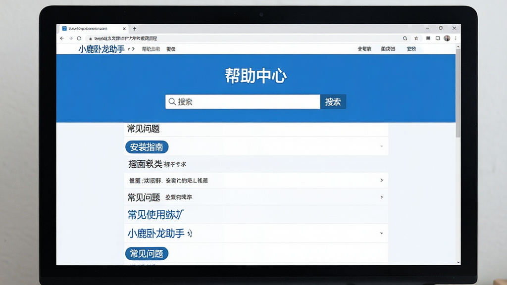 小鹿卧龙助手推广软件使用教程截图,主体:电脑屏幕显示帮助中心页面;布局:屏幕中央显示搜索框和常见问题列表;排版:清晰有序,问题分类排列;风格:简洁实用,白底蓝字;细节:包含“安装指南”“常见问题”等入口,文字可读;画质:高清、干净、无多余元素