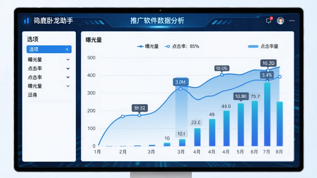 小鹿卧龙助手推广软件数据分析图表,主体:屏幕显示折线图和柱状图;布局:图表居中,左侧为数据筛选选项;排版:清晰美观,图例标注明确;风格:科技感蓝色调,数据可视化;细节:图表展示“曝光量”“点击率”等指标,数据标签清晰;画质:高清、干净、无多余元素