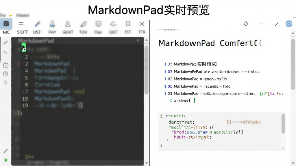 展示MarkdownPad的实时预览功能,左侧为输入光标闪烁的编辑区,右侧同步显示格式化的标题、列表和代码块,中间用分割线隔开,界面明亮清晰,标注