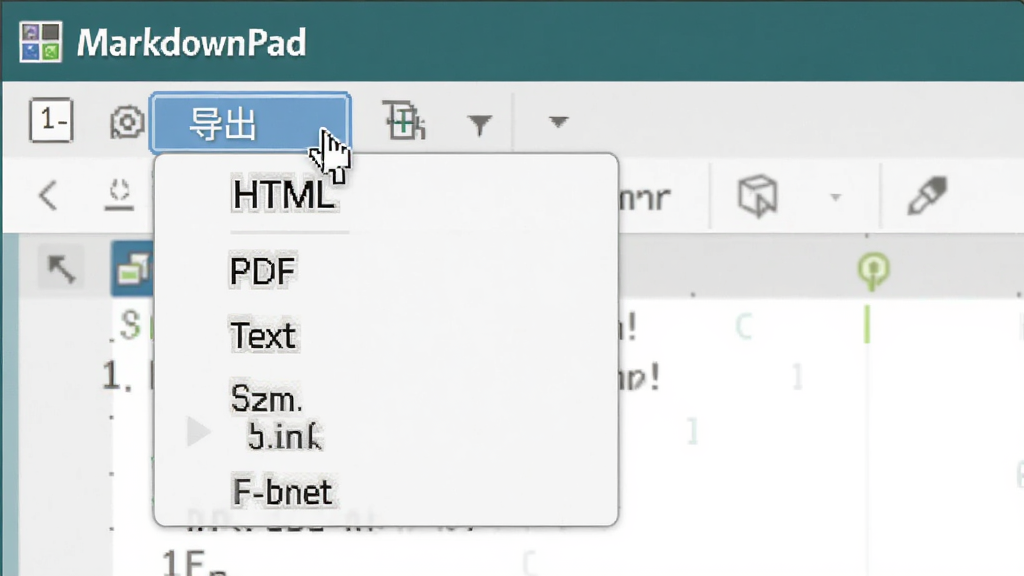 展示MarkdownPad的导出菜单,下拉列表包含HTML、PDF、纯文本等选项,背景为编辑器界面,鼠标悬停在