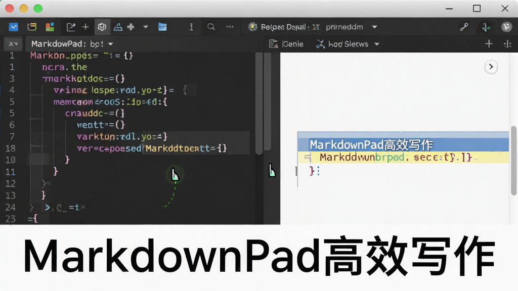 展示MarkdownPad的编辑界面局部,突出代码高亮效果和实时预览的同步滚动,画面显示光标在编辑区闪烁,预览区对应位置高亮显示,整体风格专业,标注