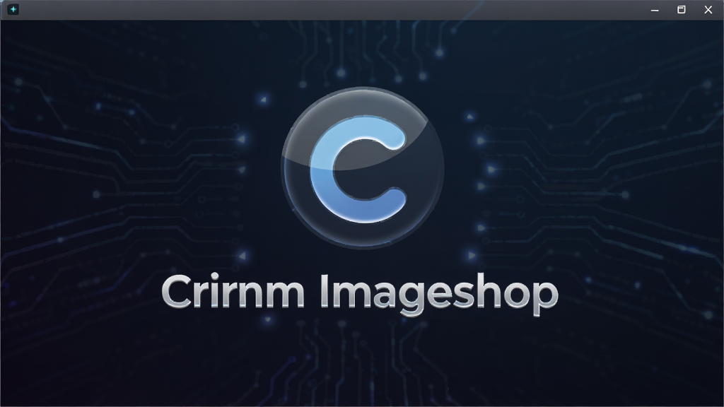 画面中央展示 Crimm Imageshop 软件启动界面,主体为软件Logo与名称文字,背景为深色渐变科技感,布局居中对称,排版简洁大气,风格现代扁平,细节包含细腻的光泽质感,画质8K高清,干净无多余元素