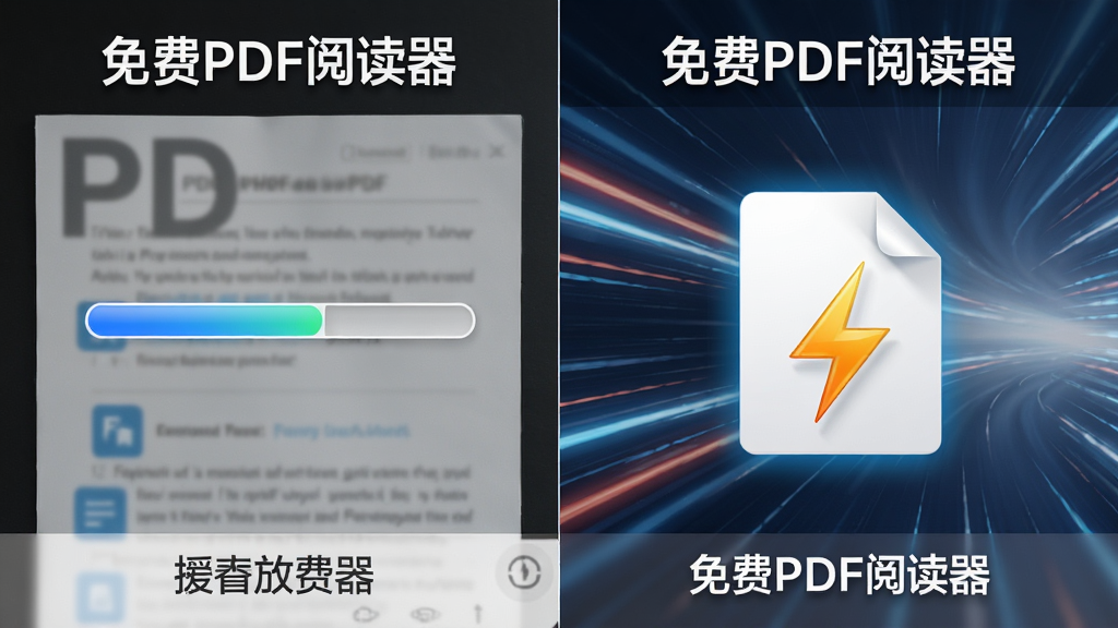 展示“免费PDF阅读器”快速打开大文件的对比场景,左边是普通阅读器加载缓慢的进度条,右边是免费PDF阅读器瞬间完成加载,文件图标带有闪电标识,背景为速度感线条,风格写实,画质清晰,干净无杂物