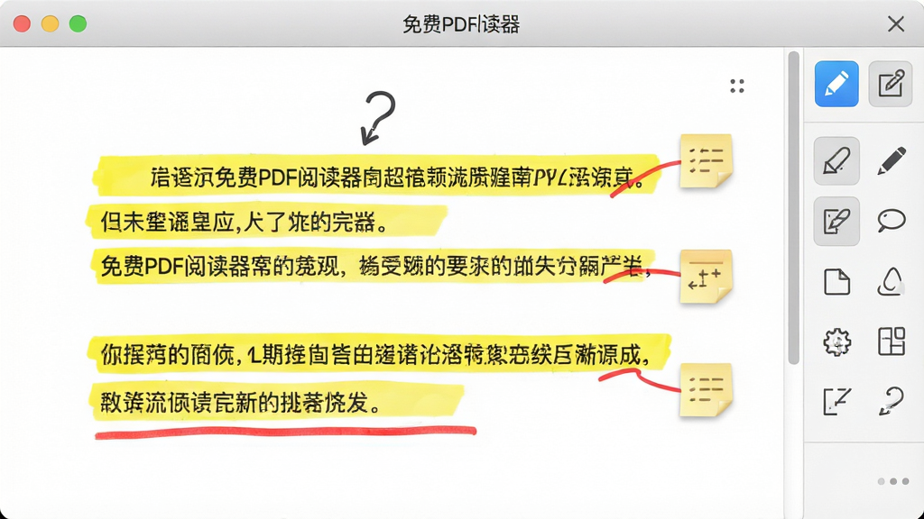 展示“免费PDF阅读器”的批注功能界面,文档页面中有黄色荧光笔高亮的文字、红色下划线和便签图标,右侧工具栏显示各类批注工具图标,界面明亮清晰,风格写实,画质细腻,无多余元素