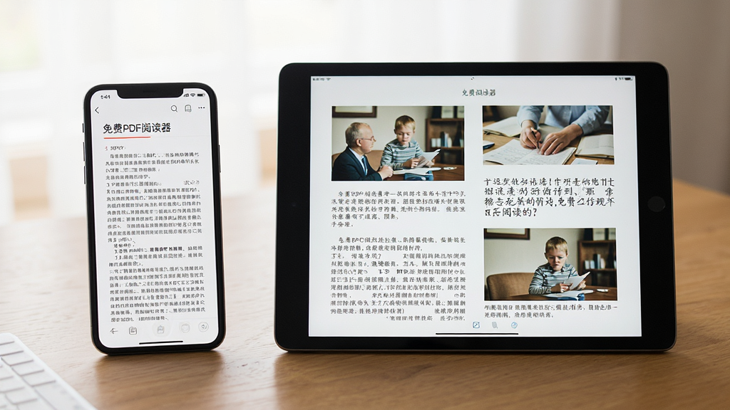 展示“免费PDF阅读器”在手机和平板上使用的场景,手机竖屏显示PDF文字,平板横屏显示图文混排页面,背景为木质桌面,光线柔和,风格写实,画质高清,无多余元素