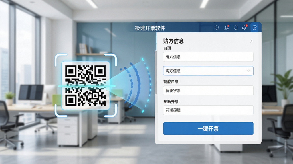 展示极速开票软件智能开票功能的界面截图,界面显示扫描二维码的动画效果,购方信息自动填入表单,旁边有“一键开票”按钮,背景为现代办公室场景,色彩明亮,风格写实,画质清晰,干净无多余元素