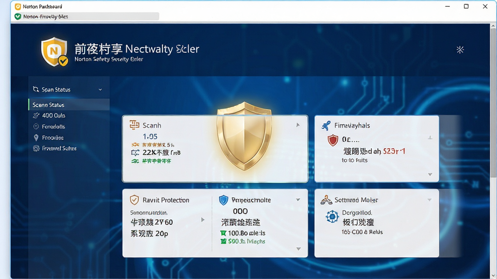 一张现代科技感的安全防护软件界面预览图,主体为诺顿网络安全特警主面板,深蓝色背景搭配金色盾牌图标,界面整洁清晰,布局合理,包含扫描状态、实时防护、防火墙等模块,风格专业大气,细节丰富,画质高清,干净无多余元素