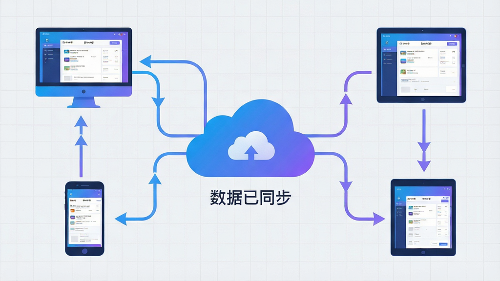 主体:云票助手云端同步示意图,中心为云朵图标,周围环绕电脑、手机、平板设备图标,数据线条连接。布局:云朵居中,设备图标分布在四周,数据流动线条形成循环。排版:图标大小统一,线条清晰,云朵下方有“数据已同步”字样。风格:扁平化科技风,蓝紫渐变色调。细节:每个设备屏幕上显示云票助手界面缩略图,数据线条有箭头指示方向,背景为浅灰色网格。画质:4K超清,干净,无多余元素。